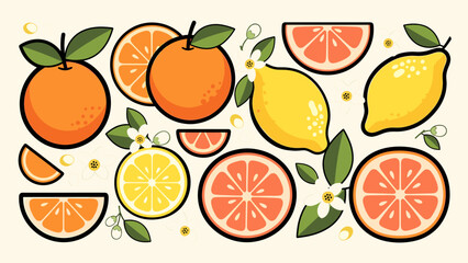 Fresh Citrus Fruits Collection: Oranges, Lemons, and Grapefruits with Slices, Leaves, and Blossoms. Vibrant Cartoon Vector Illustration.