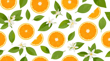 Seamless Citrus Pattern with Vibrant Orange Slices, Whole Fruits, Green Leaves, and White Blossoms on White. Fresh Fruit Background Design.