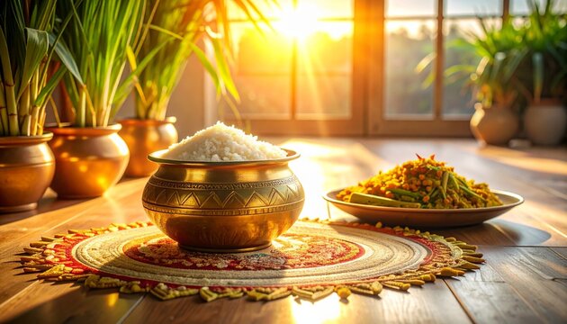 A clean modern Pongal morning setup with fresh sugarcane, brass pot, kolam pattern, warm sunlight and an authentic festive agricultural tone.
