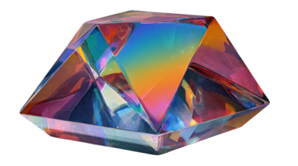 Faceted crystal prism displaying colorful rainbow light refraction, iridescent glass gemstone on transparent background