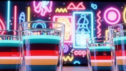 Vibrant layered colorful shots in clear glasses, set against a dynamic and blurred background of glowing neon lights and abstract patterns, creating a festive and energetic nightlife scene