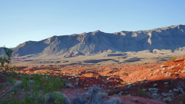 Landscape view of the red rocks of Valley of Fire State Park, a public recreation and nature preservation area in Clark County, Nevada