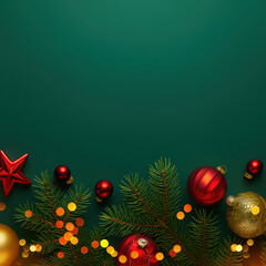 Christmas decoration with red and gold baubles and pine branches on green background