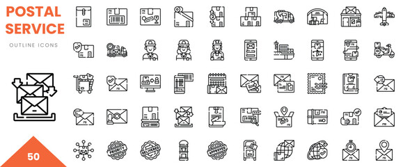 Collection of postal service outline icons illustrating delivery and communication.