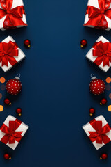 Christmas gift boxes with red ribbons and festive baubles on dark blue background