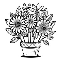 “Flower Pot Line Art Blooming Plant Vector Illustration”