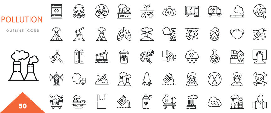 Collection of pollution outline icons depicting various environmental hazards and impacts.