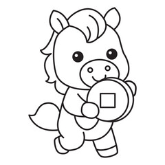 Cute Horse Holding Gold Coin Coloring Page Illustration for Kids Lunar New Year Fortune and Prosperity Activity