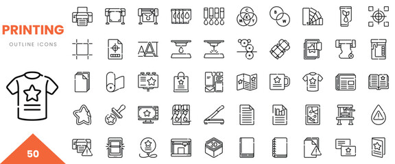 A collection of 50 outline icons representing various printing techniques and tools.