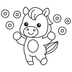 Obraz premium Cute Horse Tossing Gold Coins Coloring Page Illustration for Kids Lunar New Year Fortune and Prosperity Activity