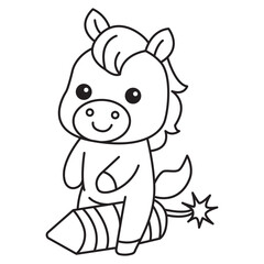 Cute Horse Riding Firework Coloring Page Illustration for Kids Lunar New Year Celebration and Festive Activity