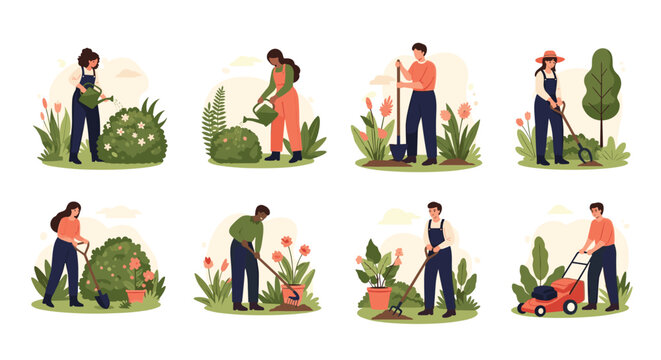 A diverse set of people enjoying gardening activities like planting, watering, pruning, and mowing the lawn in a beautiful, lush garden.