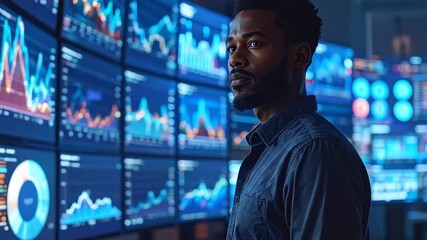Businessman Analyzing Financial Data on Multiple Computer Screens - Powered by Adobe
