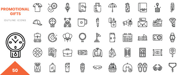A collection of promotional gift outline icons featuring diverse items for branding and marketing.