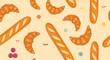 A delightful seamless pattern of freshly baked French baguettes and croissants scattered on a pale yellow background for a bakery theme.