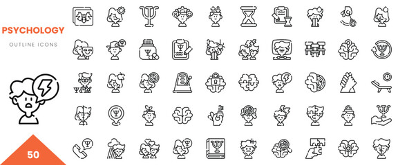 Collection of 50 black and white outline icons representing psychology themes and elements.