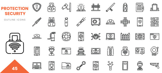 Collection of outline icons representing various protection and security measures.