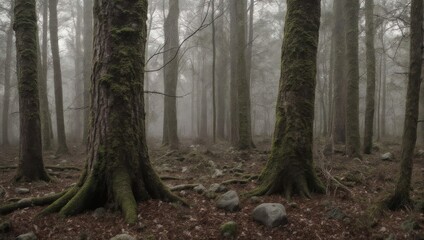 Naklejka premium Misty Forest Scene with Tall Trees and Ground Cover.