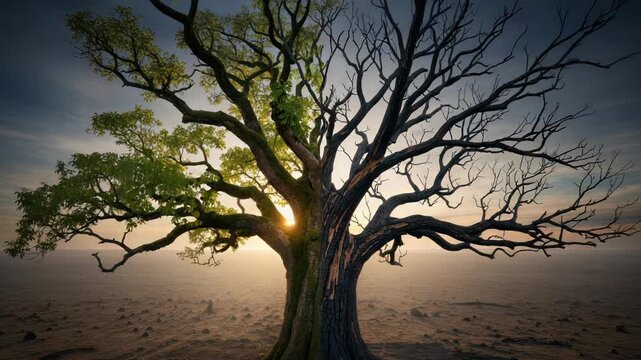 Symbolic representation of life's journey, where one side flourishes with vibrant leaves and the