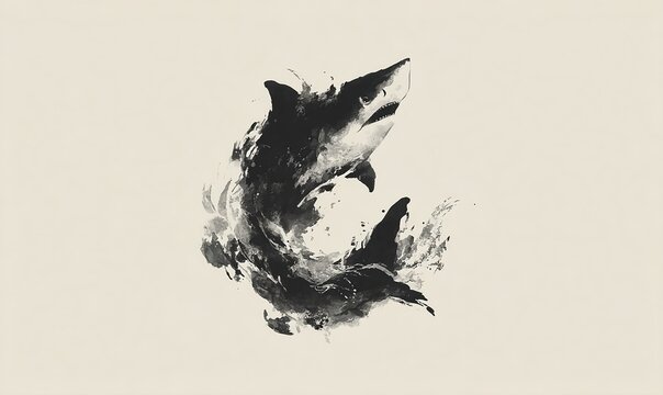Dynamic shark emerging from swirling ink and shadow contrast composition
