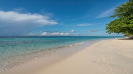 Obraz premium Tranquil Beachscape: Gentle waves caress the shore of a pristine beach, under a vast blue sky with fluffy clouds. Capturing a sense of serenity.