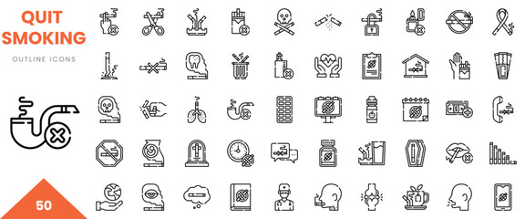 Set of 50 outline icons promoting 'Quit Smoking', showcasing various anti-smoking themes.