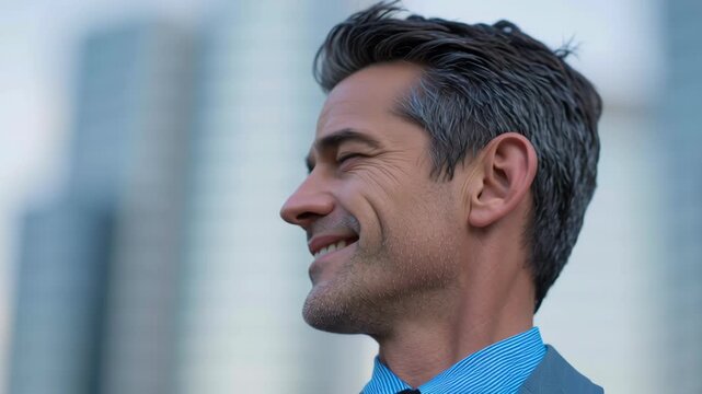 Confident professional portrait of adult male businessman and executive leader, thoughtful and focused modern office, urban skyline background, natural light shallow depth of field, contemporary work
