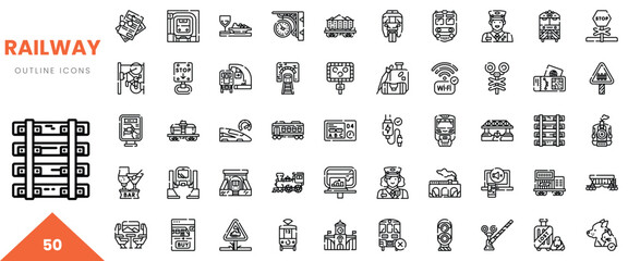 A collection of 50 outline icons depicting various railway elements and symbols.
