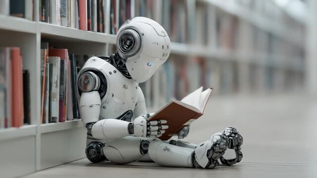 A white humanoid robot sits on a library floor, reading an open book among shelves. Quietly curious