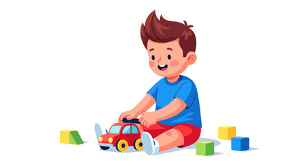 Cheerful Cartoon Boy Playing with a Red Toy Car and Blocks.