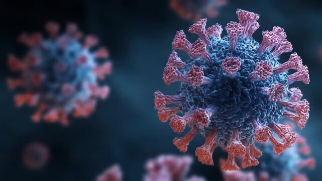 Macro view of virus particles with blue cores and red spikes, vivid contrast and texture. Rendering