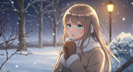 Winter's Gentle Whisper: Amidst a tranquil winter wonderland, a solitary figure finds solace and serenity, embraced by the soft glow of a streetlamp and the gentle descent of snowflakes.