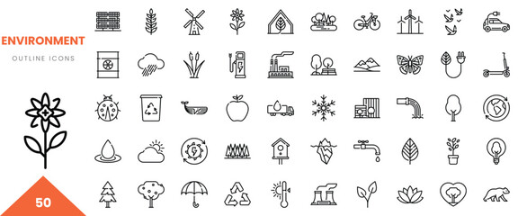Set of 50 eco-friendly outline icons representing environmental themes in a minimalist style.