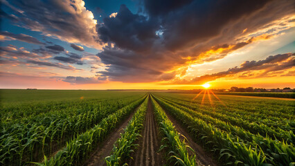 Vibrant sunset over a vast cornfield with rows of green crops stretching towards the horizon under dramatic, colorful clouds