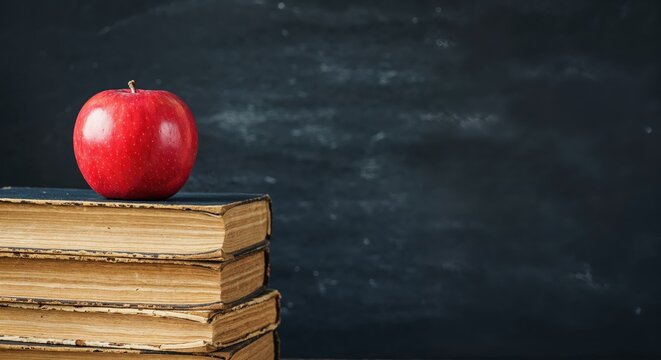 Scholar's Stack: A vibrant red apple rests atop a stack of weathered books before a blackboard, symbolizing education, knowledge, and the pursuit of learning.