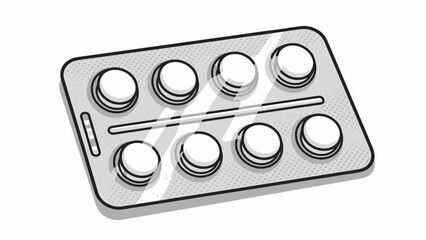 Monochrome illustration of a blister pack with eight round pills. Medical tablets for health, wellness, pharmaceutical treatment.