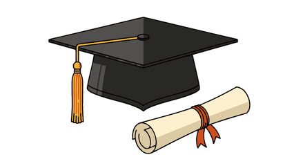 Graduation Cap and Diploma Scroll Vector Illustration. Academic Achievement, University Degree, College Success, School Completion.