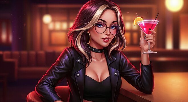 Nightlife Rendezvous: A stylish woman in a dimly lit bar, enjoying a vibrant cocktail, embodies elegance and urban sophistication.