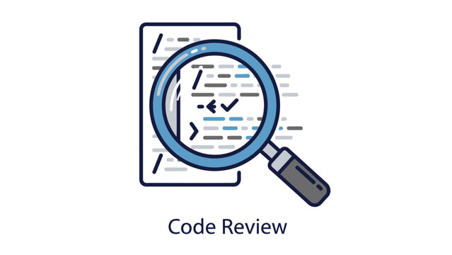 Software Code Review Illustration: Magnifying Glass Inspecting Program Script for Quality Control and Debugging Process