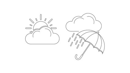 Line Art Weather Icons Set: Sun Behind Cloud and Rainy Umbrella Symbols for Meteorological Forecasts