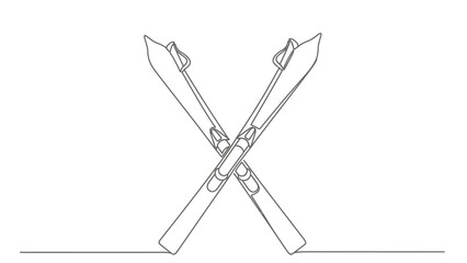 Continuous line drawing of two crossed skis on a white background, symbolizing winter sports, adventure, and alpine recreation.