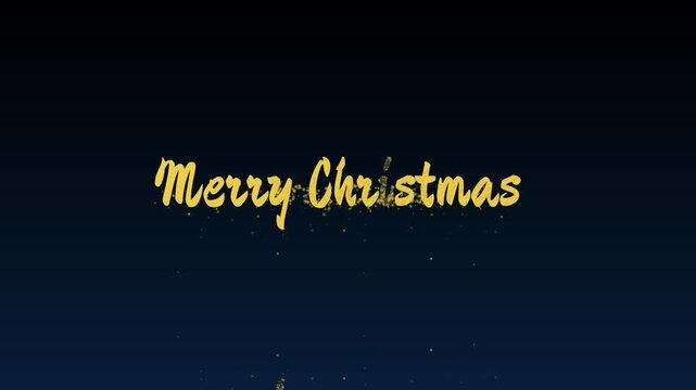 Golden Merry Christmas text animation with brush font style on dark blue background. Hand-written look gold typography appearing with sparkles for festive holiday greeting.
