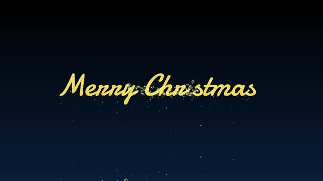 Golden Merry Christmas text animation with cursive script font on dark blue background. Elegant gold typography appearing with floating particles for classic holiday celebration.