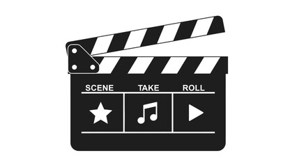 Classic Black Film Clapperboard with Media Icons for Movie Production, Video, and Entertainment Industry