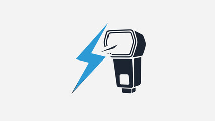 Vector icon of an external camera flash unit with a blue lightning bolt, symbolizing photography, illumination, and speed