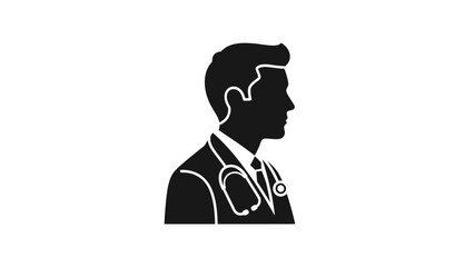 Fototapeta premium Male doctor profile silhouette icon with stethoscope. Professional healthcare worker, physician, medical staff symbol. Black and white graphic.