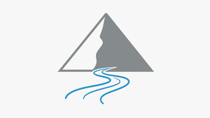 Stylized mountain peak icon with a winding blue river, abstract nature landscape graphic, adventure and outdoor symbol