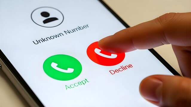 A finger presses the red 'Decline' button on a smartphone screen showing an incoming call from an 'Unknown Number'. Concept of rejecting spam, scam calls, privacy protection, and telemarketing.