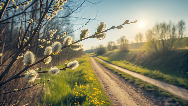 Closeup of soft pussy willow catkins blooming on a branch along a sunny dirt road in the countryside during early spring season