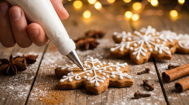 Close-up of a hand decorating a festive gingerbread snowflake cookie with white icing on a rustic wooden table, surrounded by spices and blurred lights. - Powered by Adobe